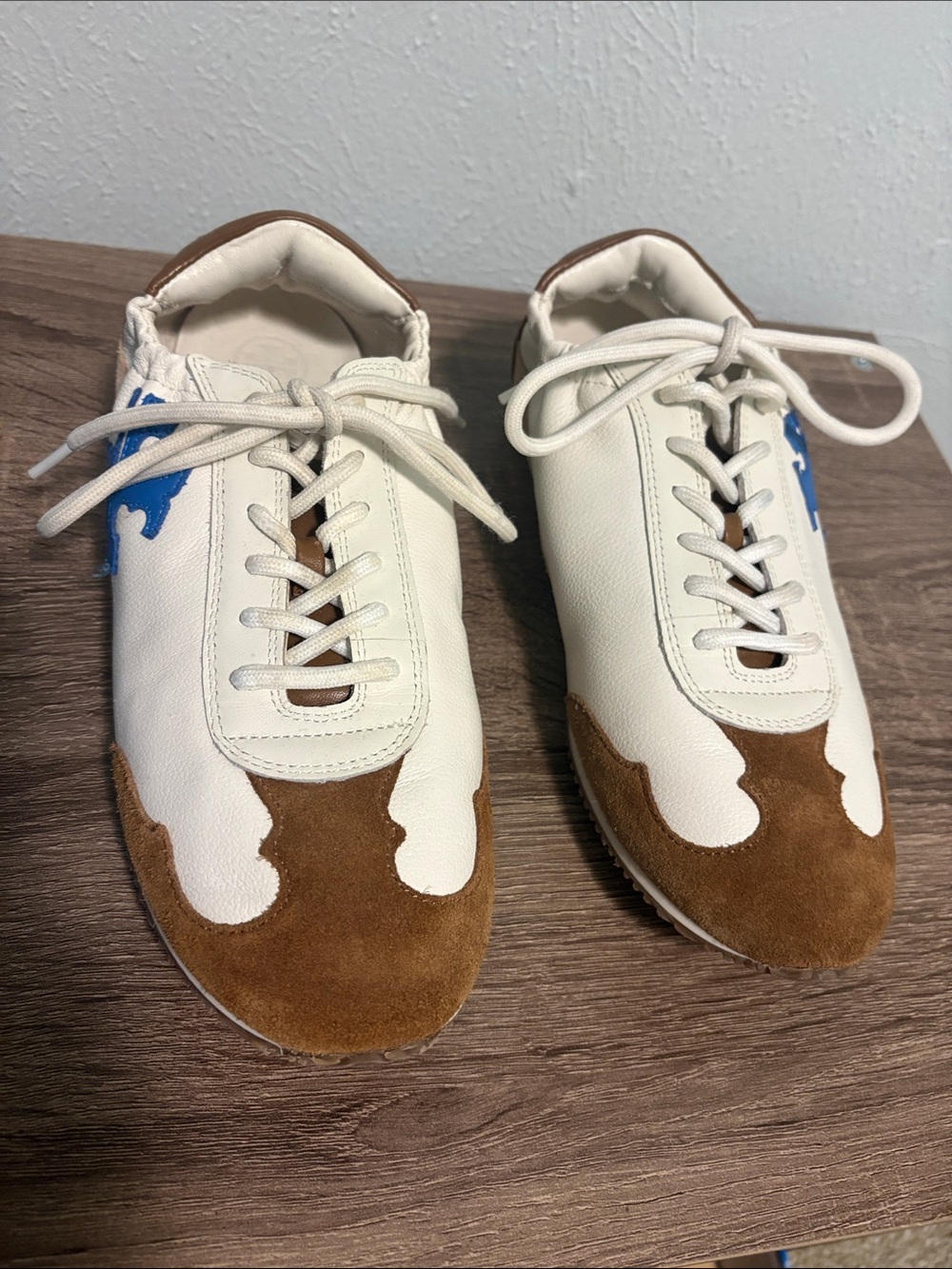 Tory Burch White Leather Sneakers with Brown Suede & Blue Logo